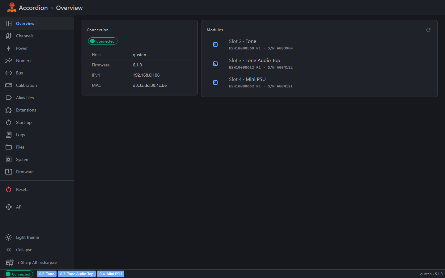 Accordion Pilot Web UI, overview page