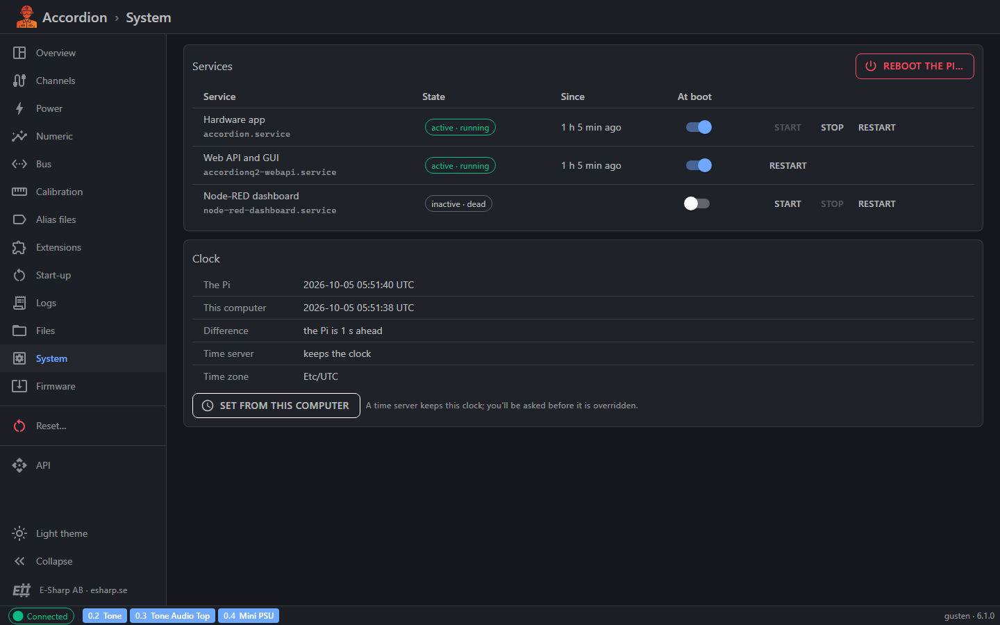 Accordion Pilot Web UI, system page