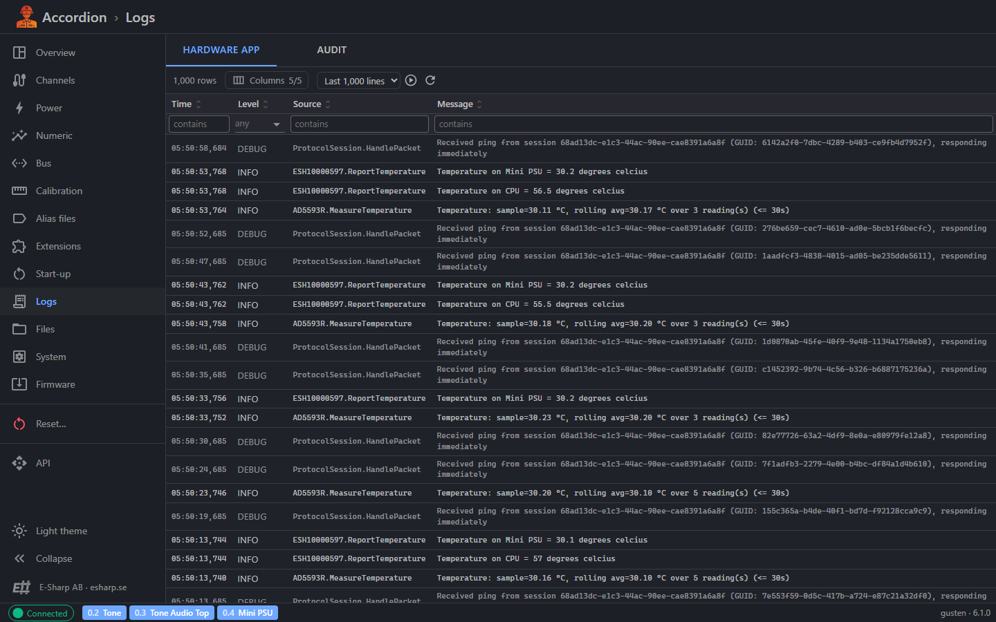 Accordion Pilot Web UI, logs page