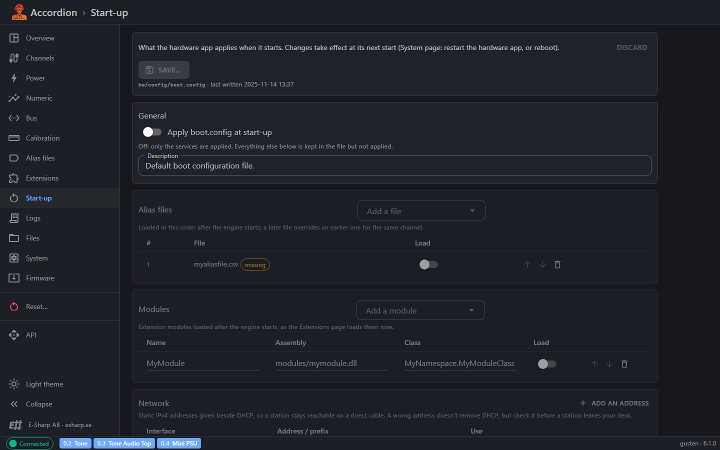 Accordion Pilot Web UI, start-up page