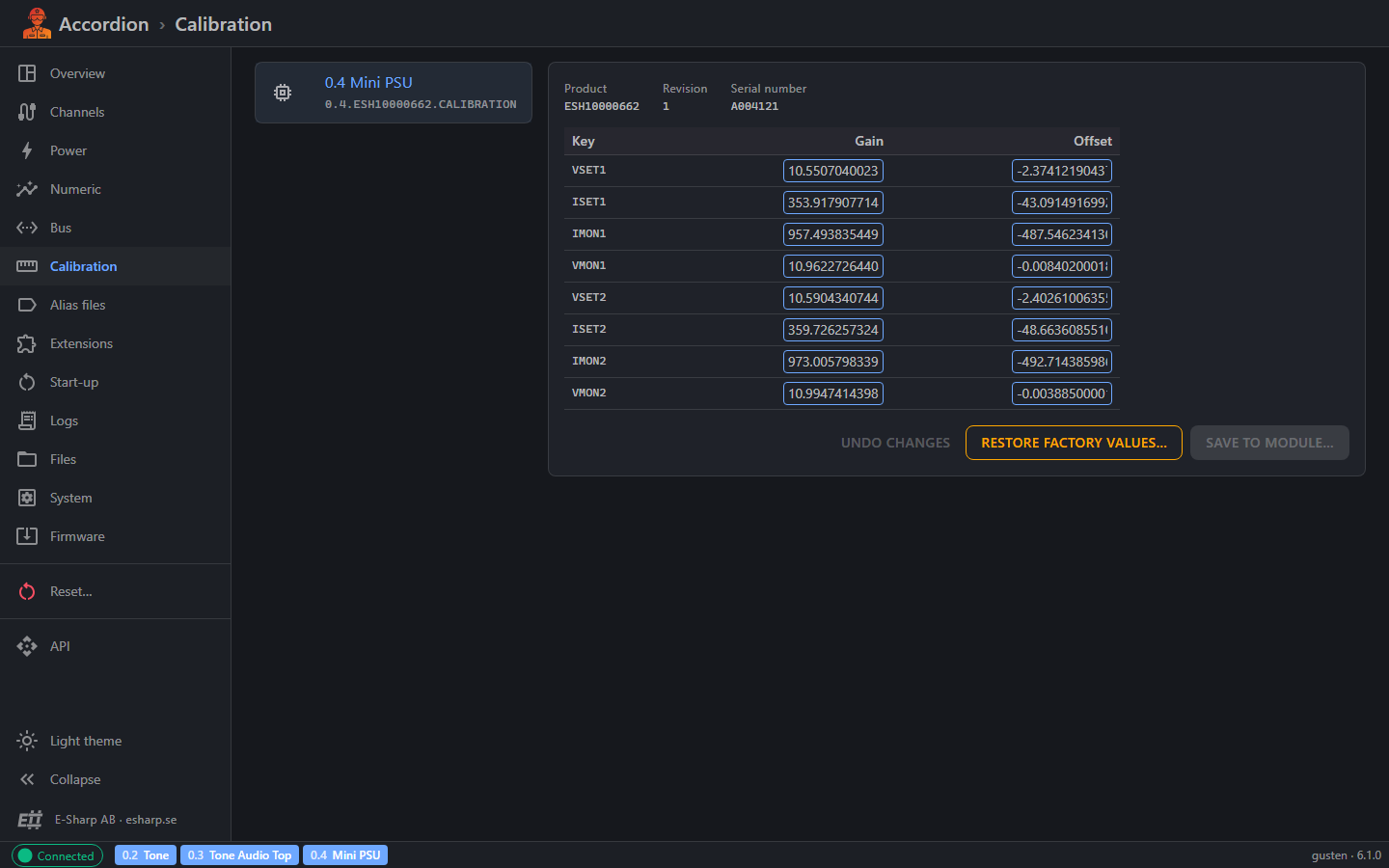 Accordion Pilot Web UI, calibration page