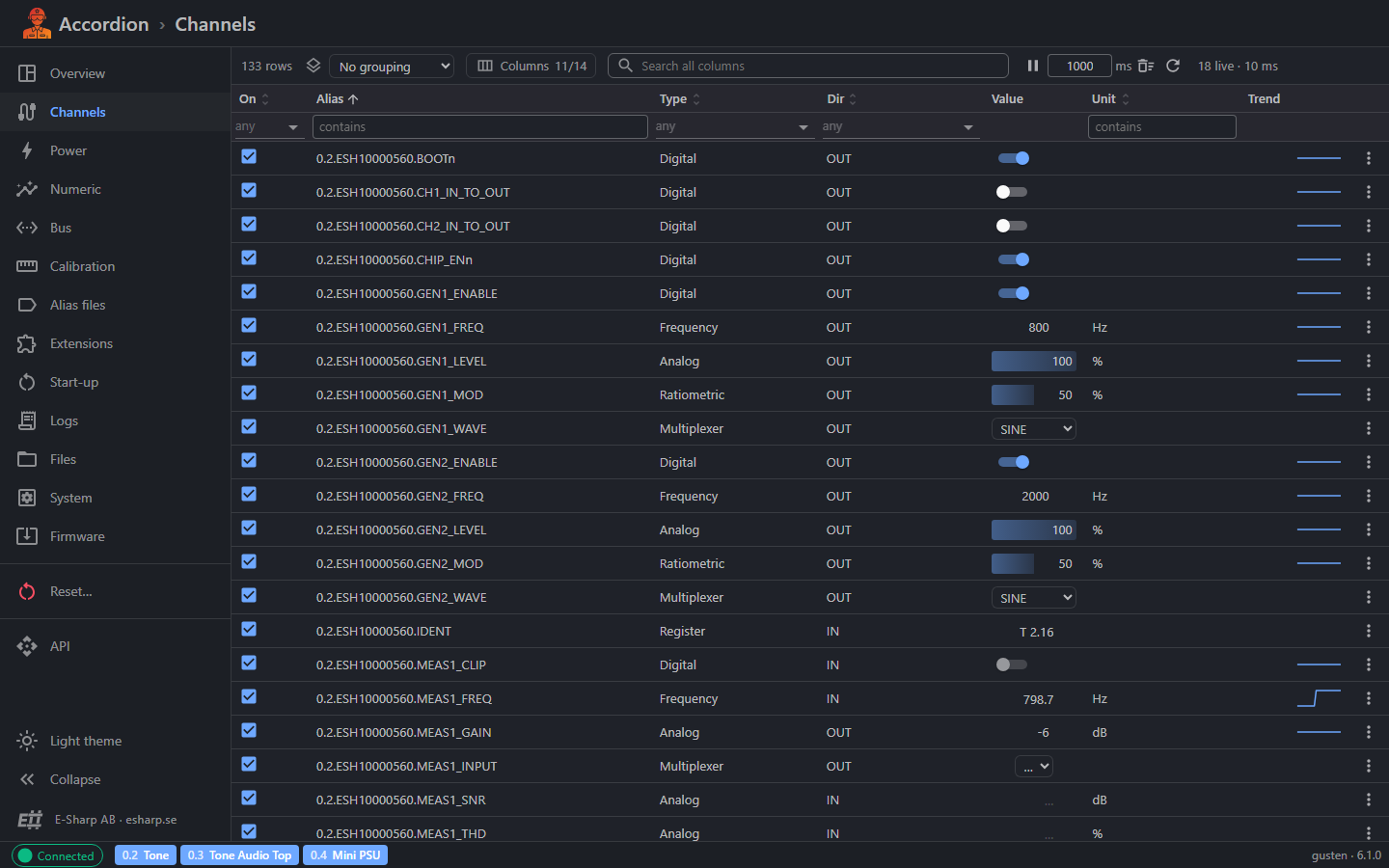 Accordion Pilot Web UI, channels page