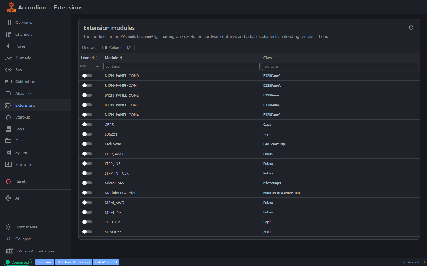 Accordion Pilot Web UI, extensions page