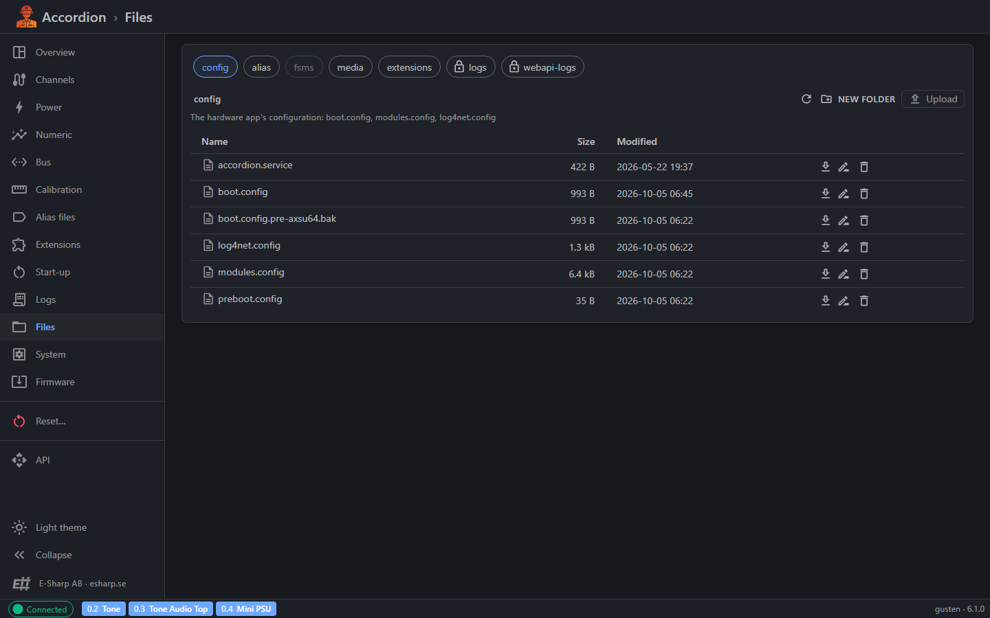 Accordion Pilot Web UI, files page